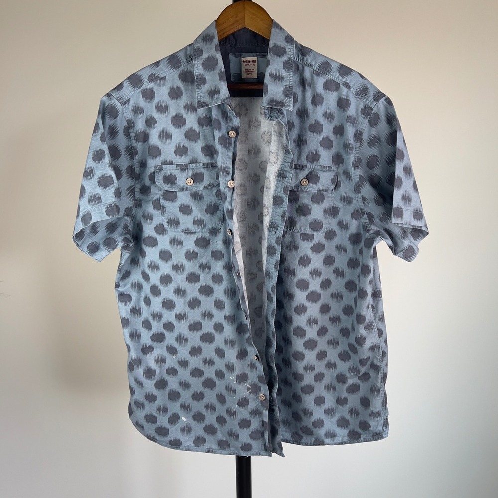 Mossimo Mens XXL Blue Grey Ikat Dot Print Short Sleeve Button Down Shirt XXL/TTG